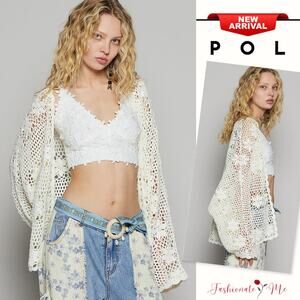 POL Bohemian Floral Crochet Long Sleeves Relaxed Fit Open Front Cardigan | Ivory